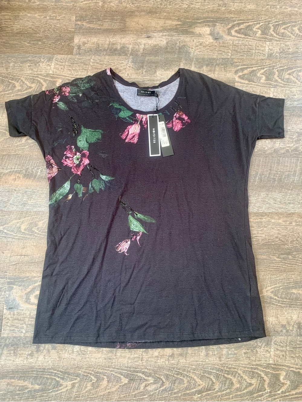 Religion Whimsigoth Romantic  Black Tee with Pink Floral Embellished designs.